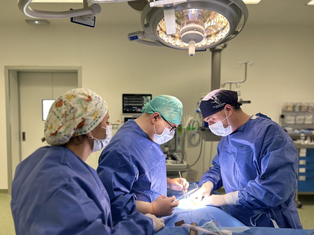 Ayudante de neurocirugía colaborando con el neurocirujano principal durante una intervención quirúrgica