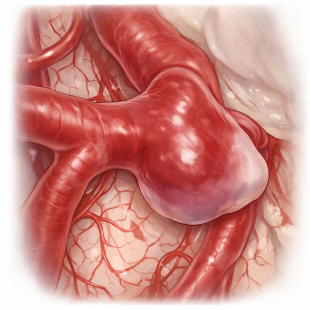 Ilustración médica de un aneurisma cerebral en una arteria intracraneal.