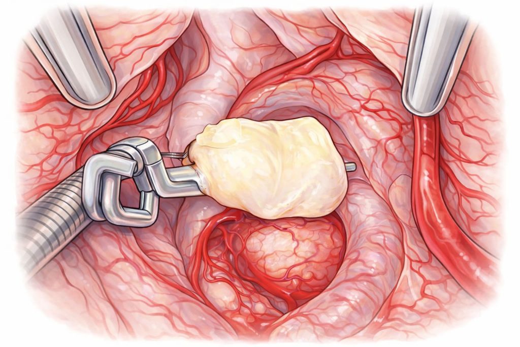 Ilustración médica que muestra la visión intraoperatoria de un aneurisma cerebral clipado por NC+.