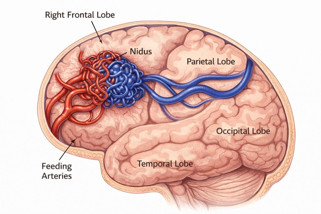 Ilustración que muestra un esquema de los elementos de una MAV cerebral. NC+.