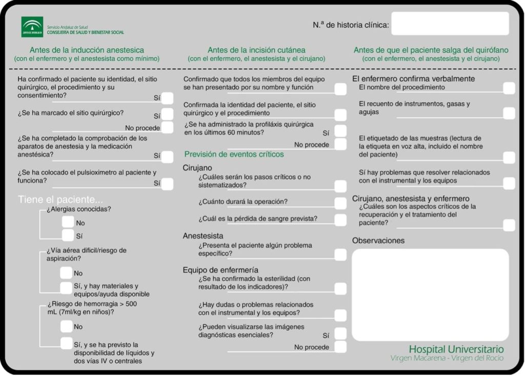 Check list de seguridad quirúrgica utilizado en intervenciones neuroquirúrgicas