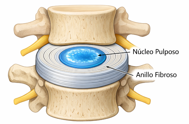 Esquema de un disco intervertebral entre dos vértebras lumbares mostrando núcleo pulposo y anillo fibroso.
