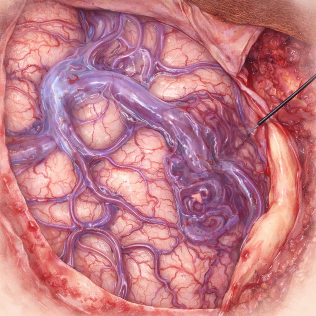 Ilustración que muestra una MAV cerebral y sus venas de drenaje. NC+